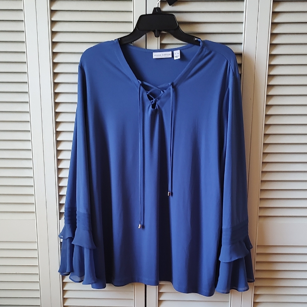 Susan Graver Blue Blouse with Ruffle Sleeves